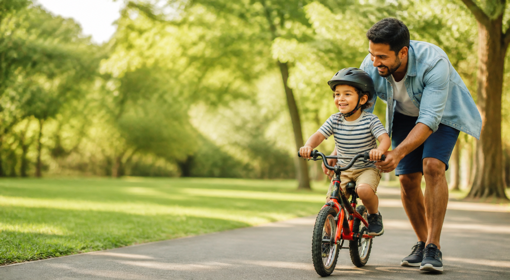 Pai ajudando criança a andar de bicicleta